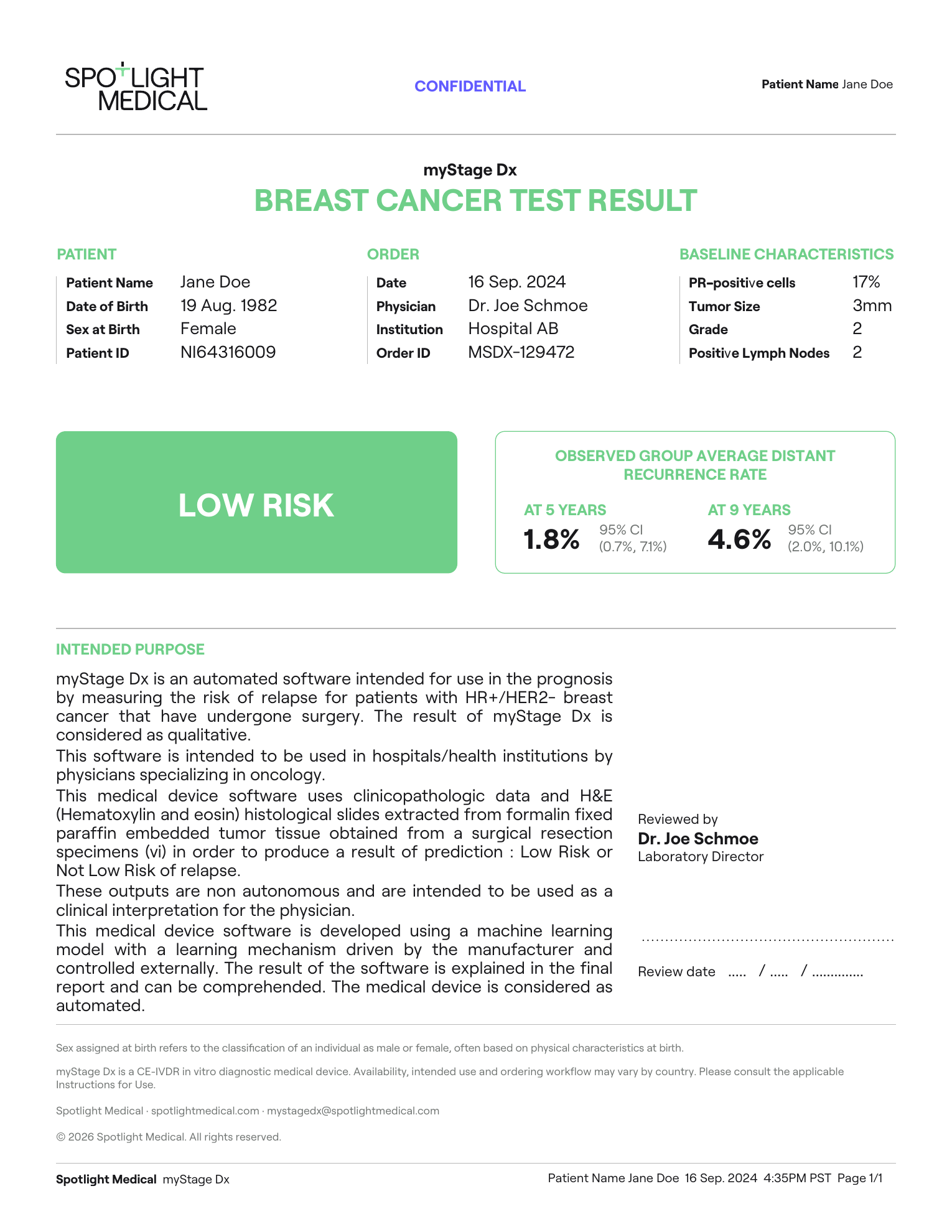 Preview of a sample myStage Dx breast cancer distant recurrence risk report